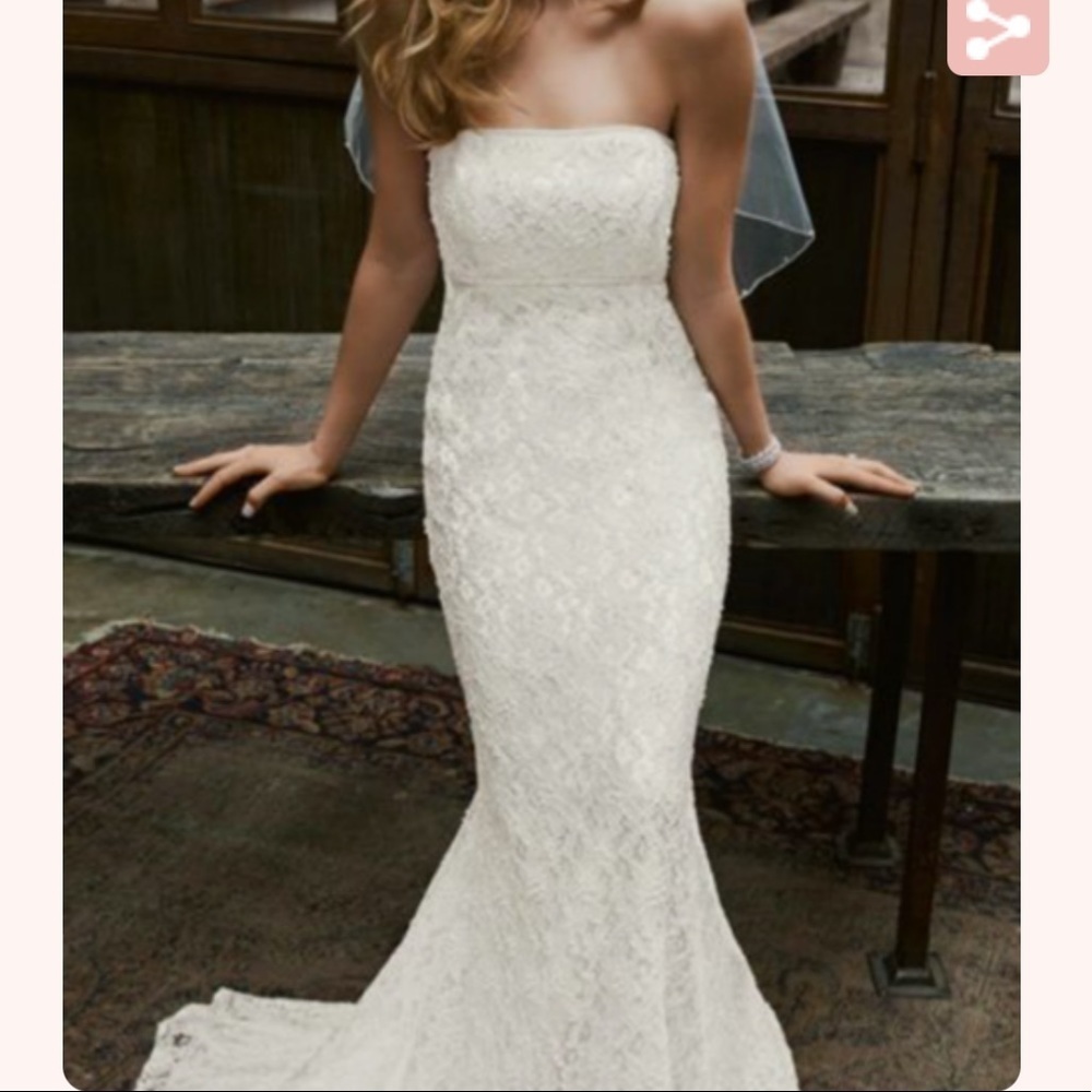 David’s Bridal Galina S8551 Allover Beaded Lace Sheath Empire Waist Strapeless
